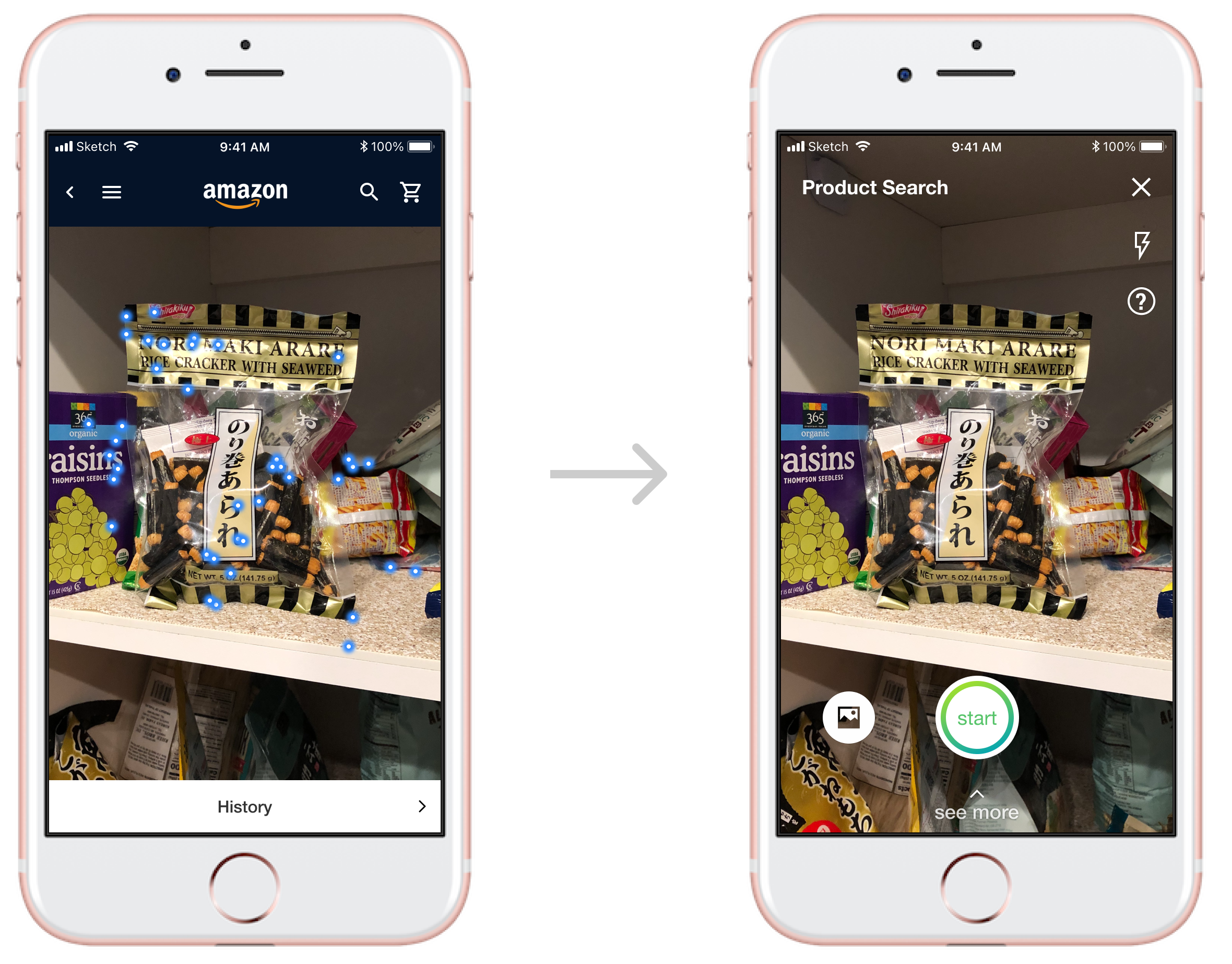 Design flow showing the change from automatic camera search to user-initiated search.